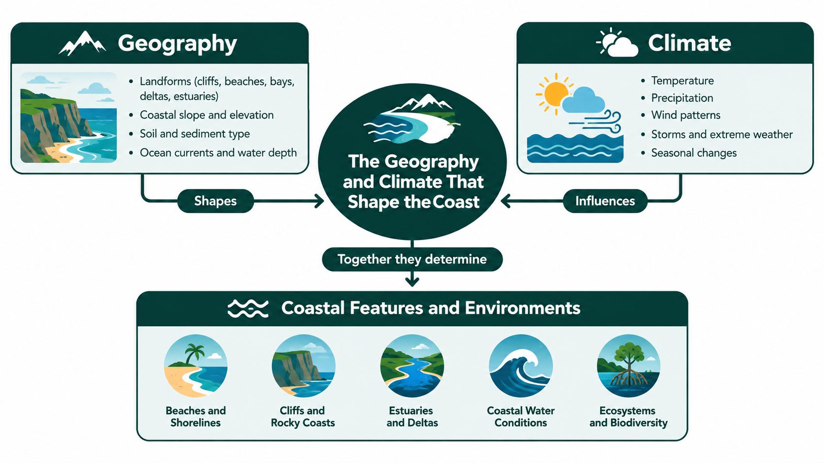 A diagram illustrating how geography and climate factors interact to shape various coastal features and environments.