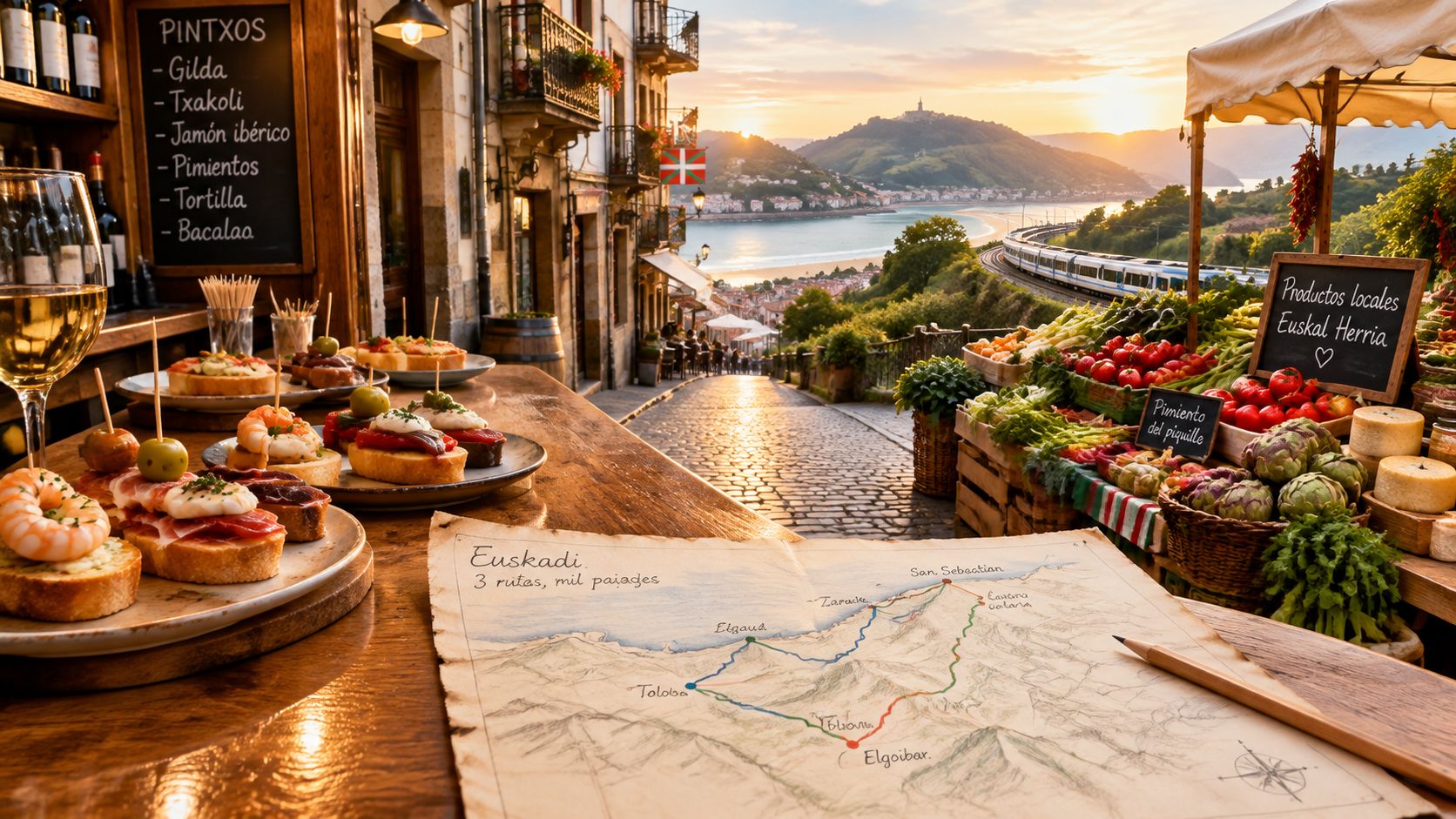A picturesque Basque village scene with gourmet pintxos, a local map, and fresh produce at sunset.