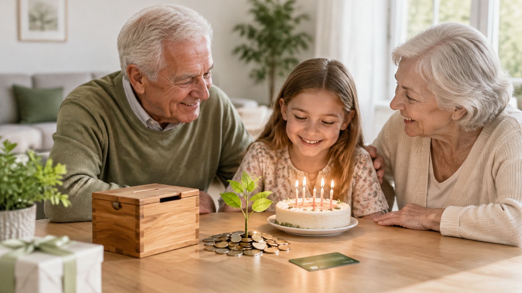 Una niña pequeña celebra su cumpleaños con sus abuelos rodeada de ahorros y un pastel.