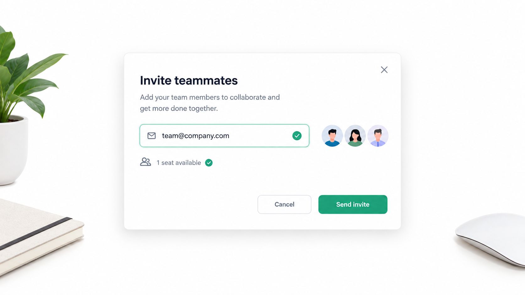A digital user interface modal for inviting teammates to collaborate via email address with seat availability.