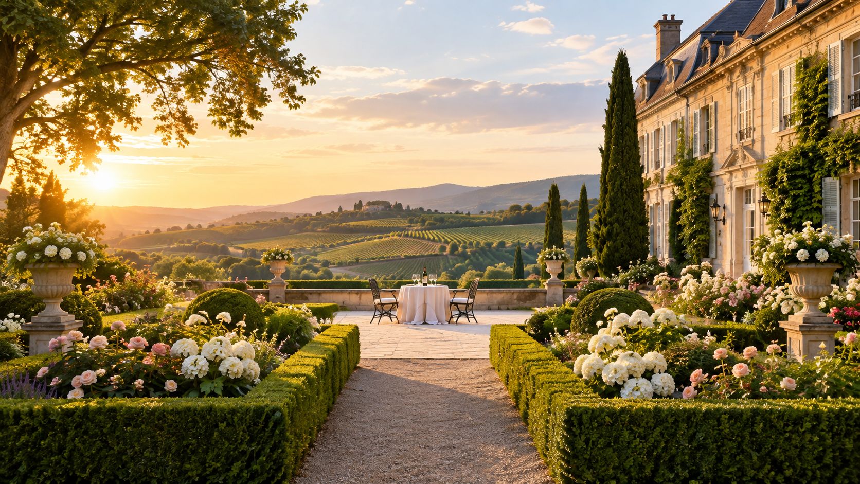 A picturesque stone chateau overlooking rolling green vineyards and flowering gardens during a warm golden hour sunset.