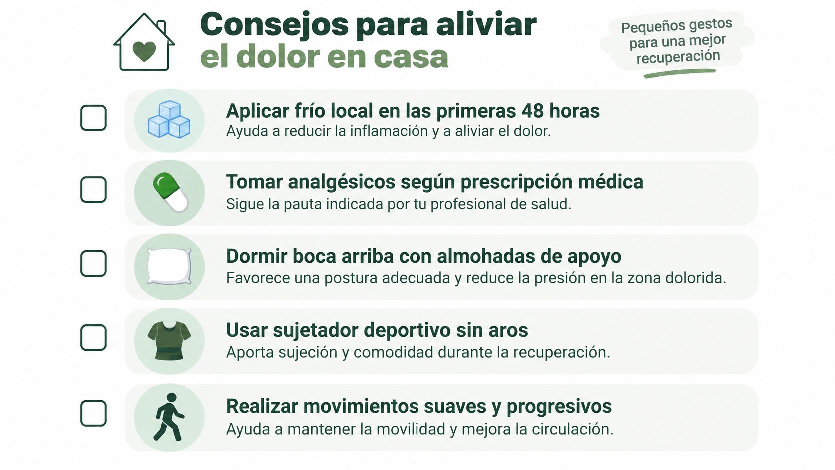 Lista de consejos médicos para aliviar el dolor y mejorar la recuperación desde casa tras una cirugía.