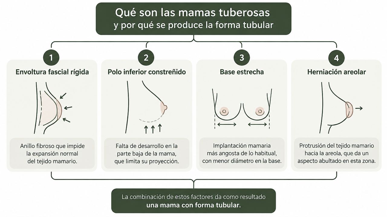Infografía que explica las causas de las mamas tuberosas mediante cuatro factores anatómicos principales y sus efectos.