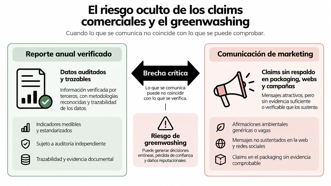 Infografía sobre el riesgo de greenwashing por discrepancias entre reportes anuales verificados y comunicaciones de marketing.