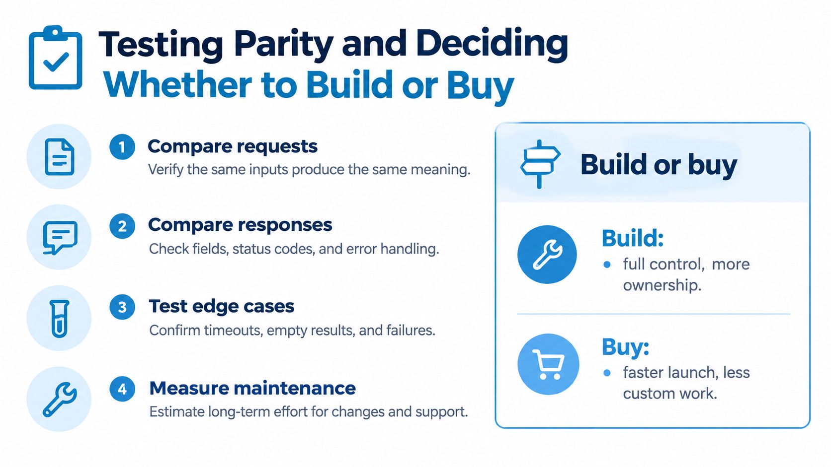 A diagram comparing steps for testing API parity and the considerations for deciding whether to build or buy.