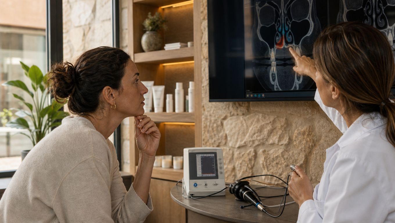 Una doctora explica a una paciente las imágenes de un escáner nasal en una consulta médica privada.