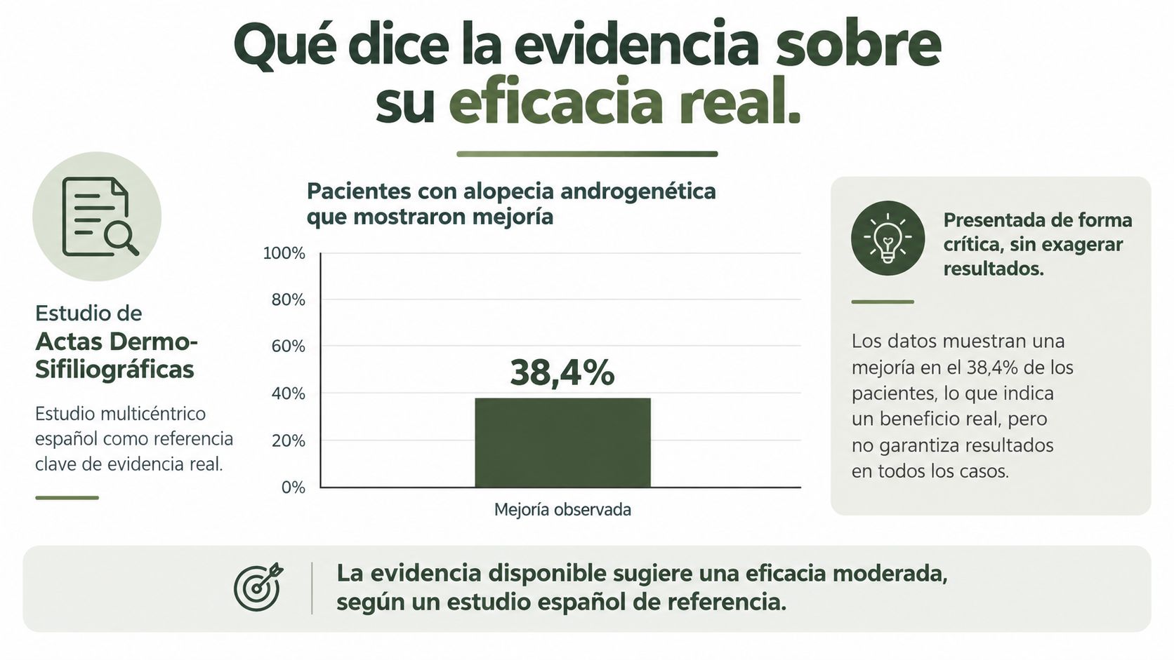 Gráfico mostrando que un 38,4% de pacientes con alopecia androgenética experimentaron mejoría según estudios clínicos.