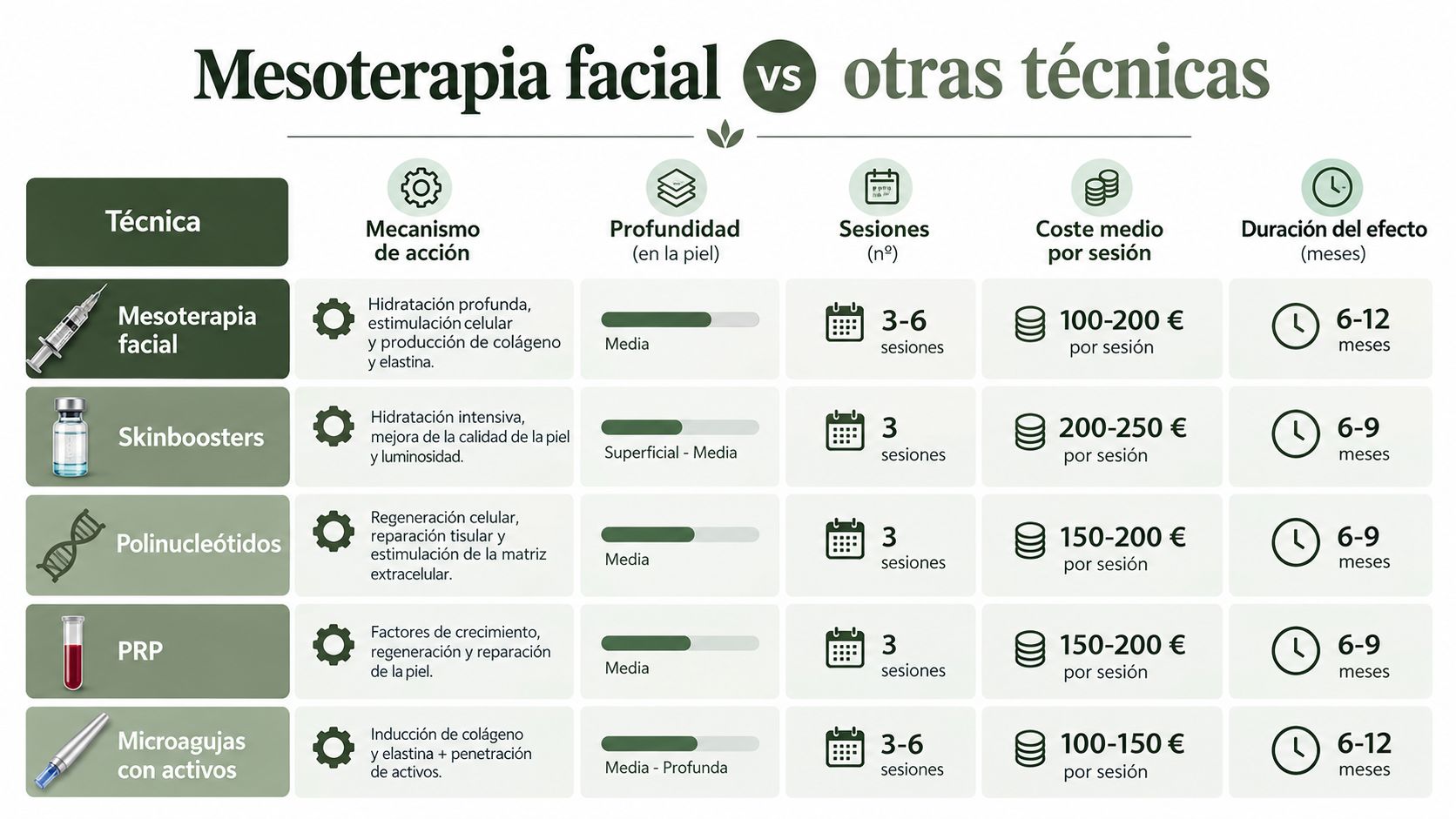 Tabla comparativa de tratamientos de estética facial que muestra mesoterapia, skinboosters, polinucleótidos, PRP y microagujas.
