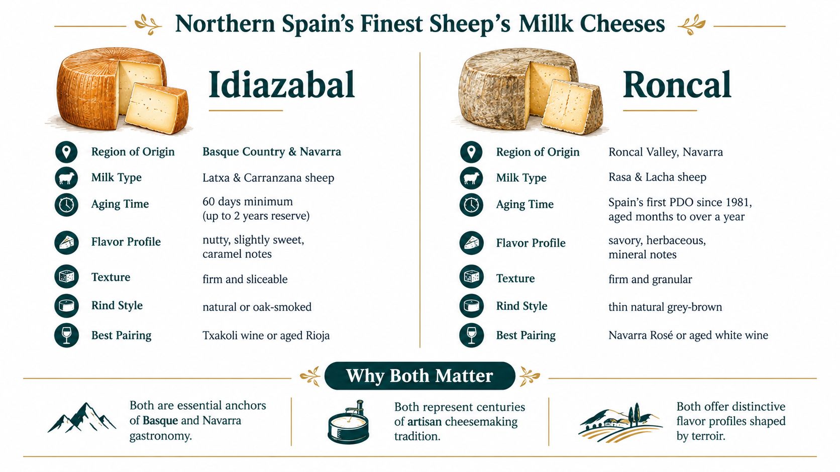 An infographic comparing Idiazabal and Roncal, two traditional sheep milk cheeses from Northern Spain.