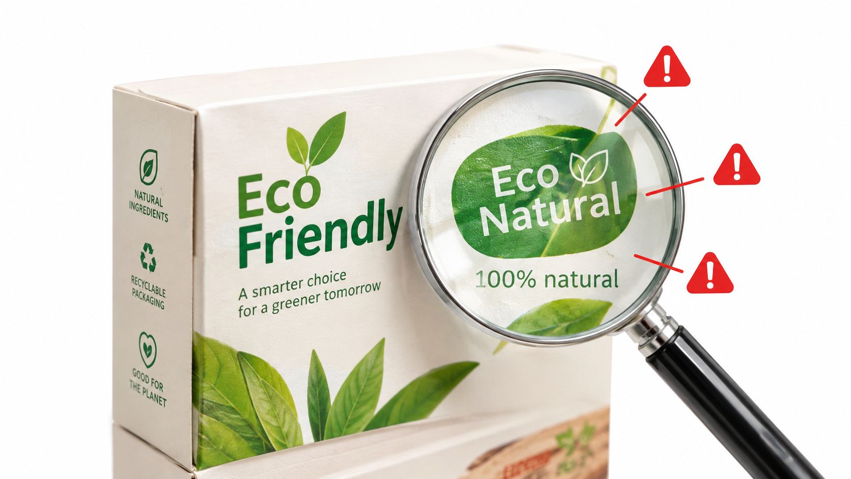 Una lupa examinando etiquetas de productos ecológicos resaltando el concepto de regulación de claims ambientales.