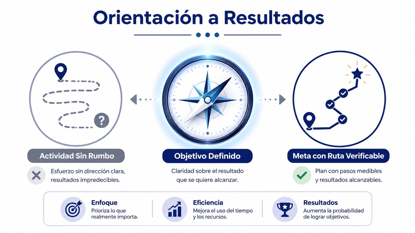 Diagrama que ilustra la orientación a resultados, mostrando el progreso desde actividades sin rumbo hacia metas claras.