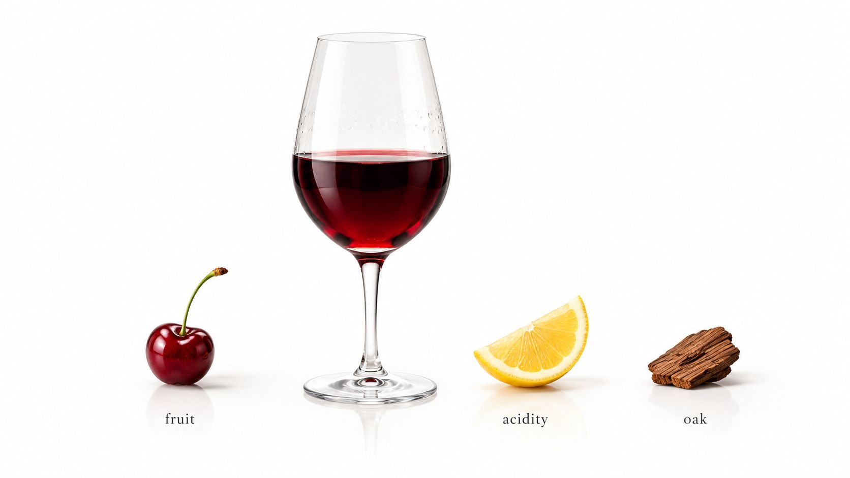 A glass of red wine next to a cherry, a lemon wedge, and a piece of wood.