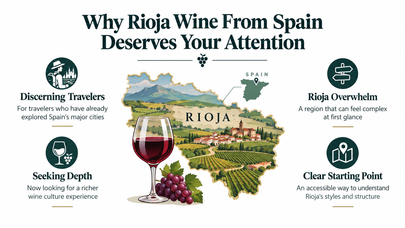 An infographic titled Why Rioja Wine From Spain Deserves Your Attention featuring a map and wine icons.