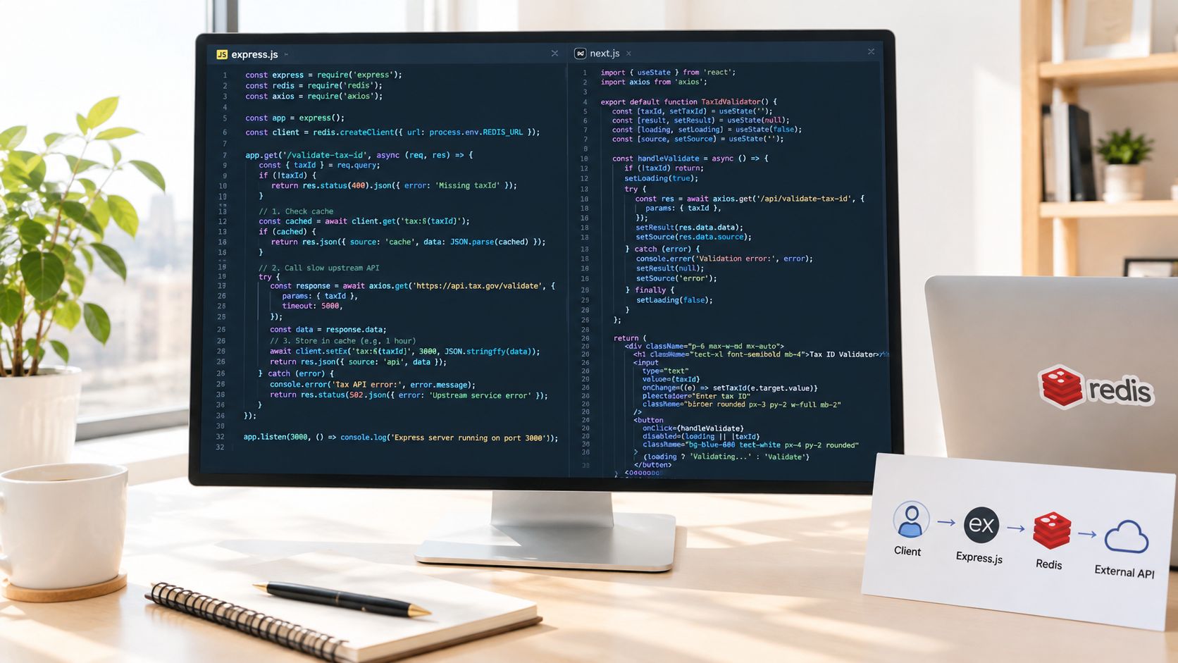 A computer monitor displaying Node.js and React code for a Redis caching implementation on a workspace desk.