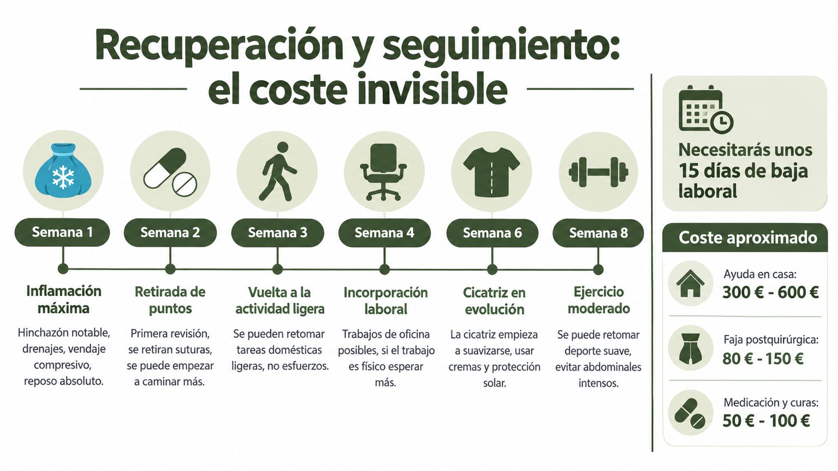 Cronograma de recuperación postoperatoria para abdominoplastia detallando semanas, actividades permitidas y costes aproximados de los cuidados.