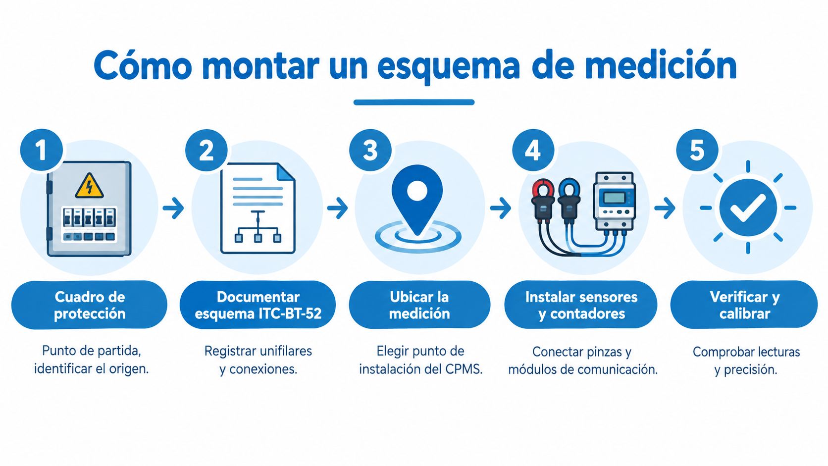 Infografía sobre los cinco pasos para montar un esquema de medición de consumo eléctrico en instalaciones.