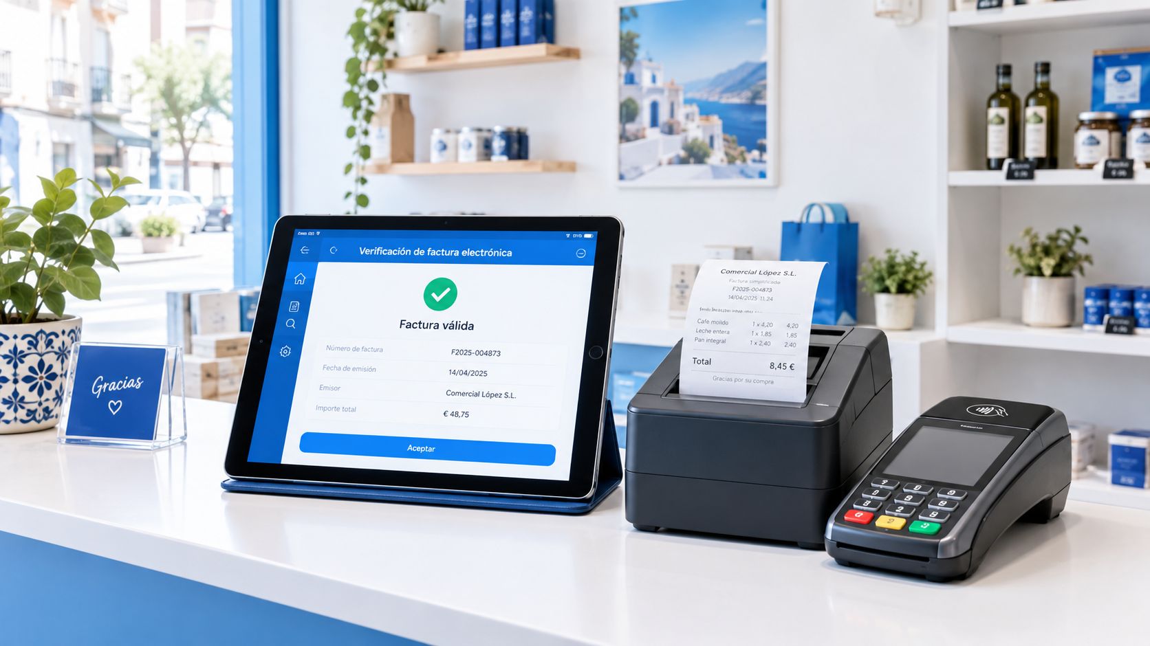 Una tableta electrónica muestra la validación de una factura digital junto a una impresora de tickets y datáfono.
