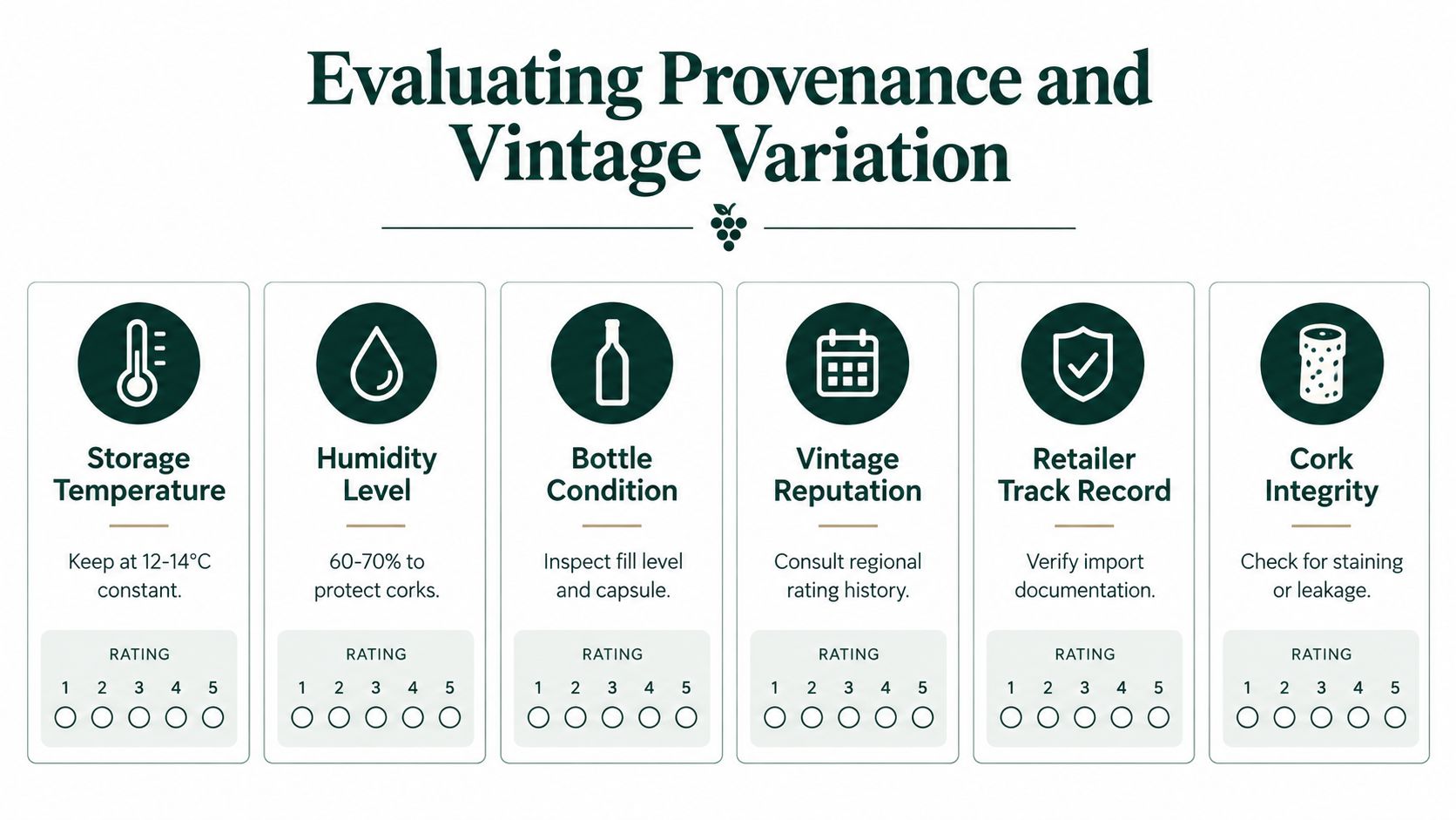 A structured guide for evaluating fine wine quality based on storage conditions, provenance, and physical bottle condition.
