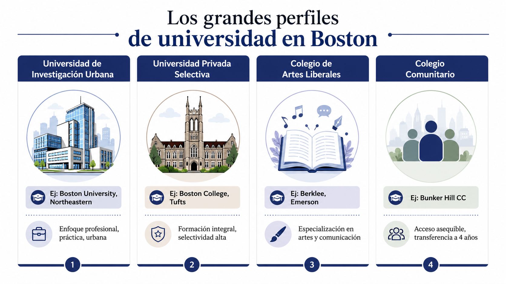 Infografía que muestra cuatro tipos principales de perfiles universitarios en la ciudad de Boston.