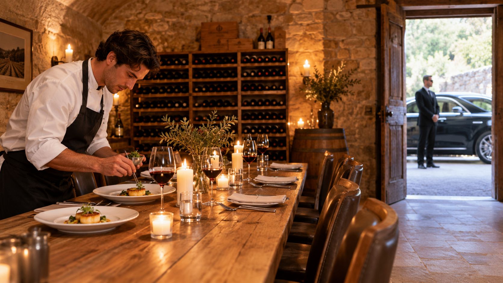 A chef plating a gourmet dish on a wooden table in a rustic wine cellar setting.