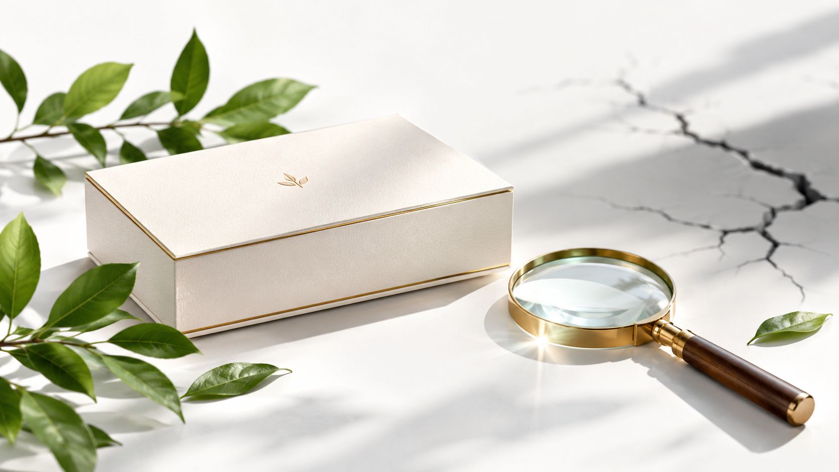Una elegante caja blanca con detalles dorados y una lupa sobre una superficie de mármol con hojas.