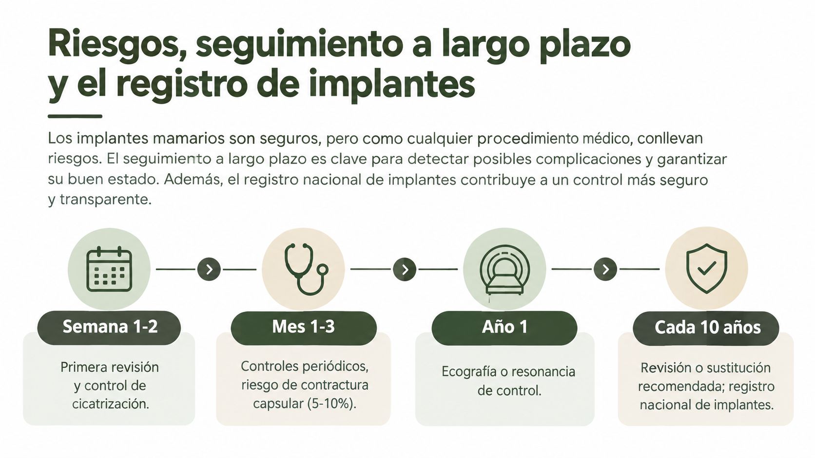 Infografía sobre el seguimiento médico a largo plazo y los riesgos de los implantes mamarios.