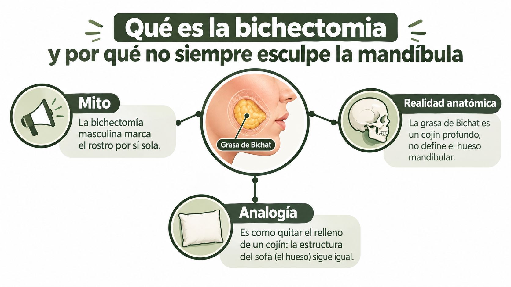 Infografía explicativa sobre la bichectomía en hombres, aclarando mitos, realidad anatómica y una analogía comparativa.