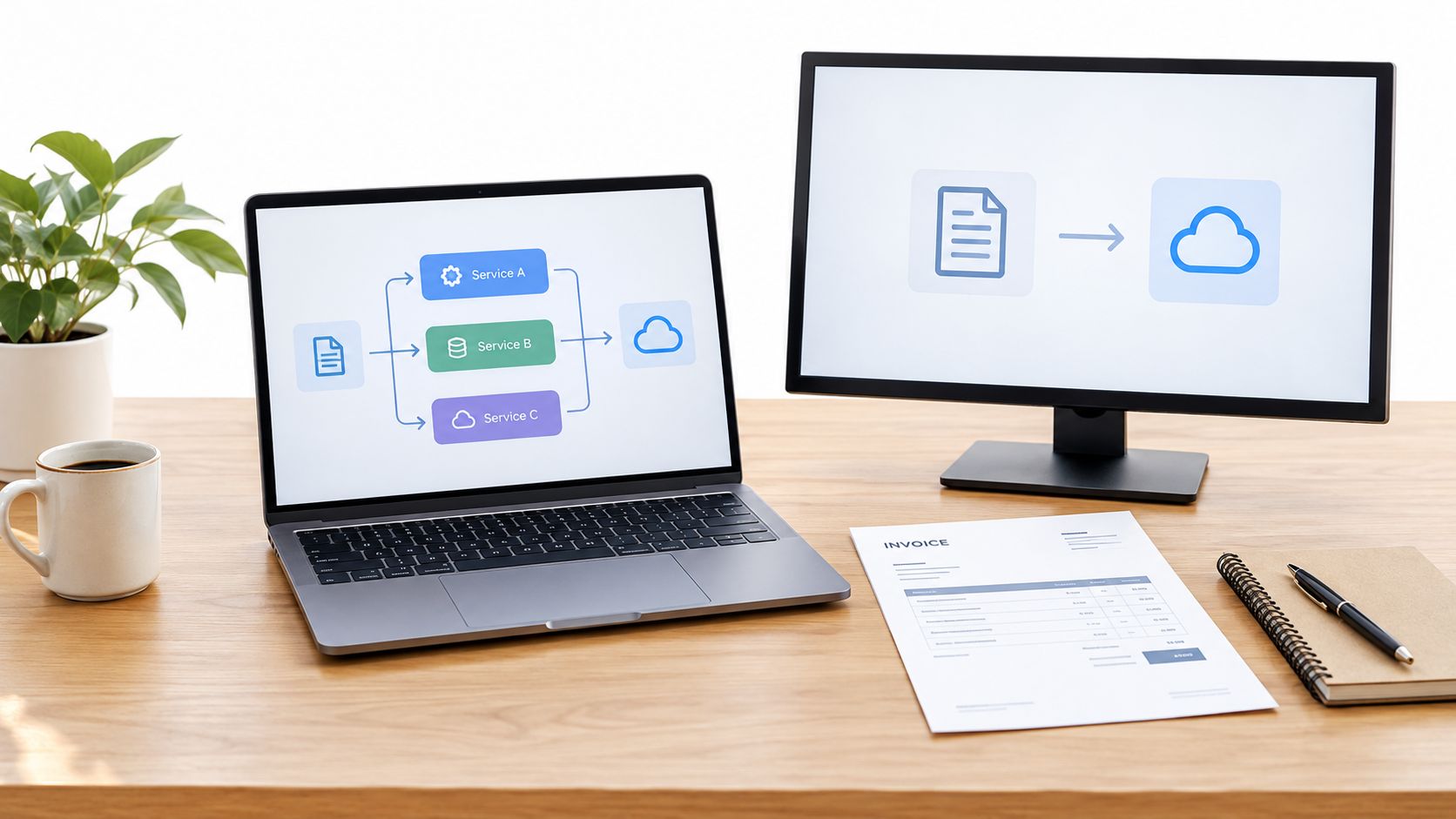 A modern workspace with a laptop displaying a cloud-based document processing workflow diagram and a desk invoice.