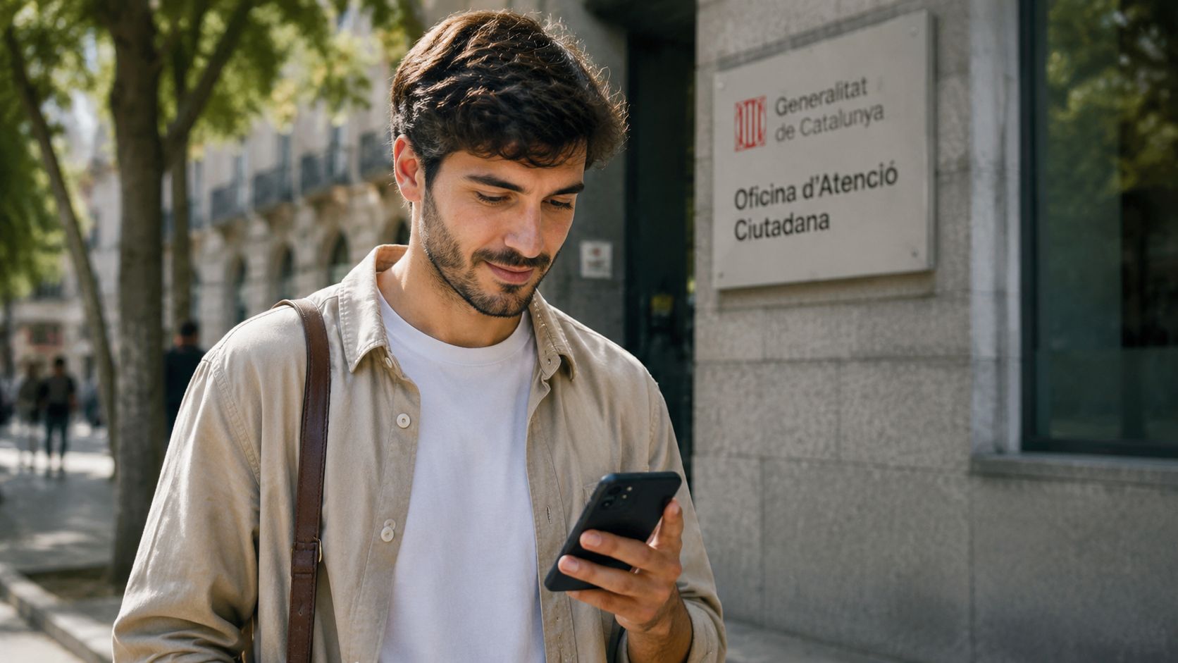 Un joven utilizando su teléfono móvil frente a una oficina de atención ciudadana en la calle.