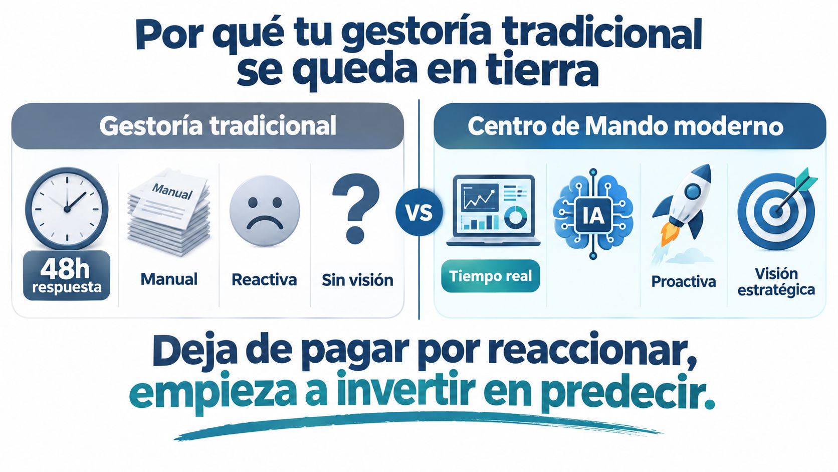 Comparativa entre una gestoría tradicional ineficiente y un moderno centro de mando digital basado en inteligencia artificial.