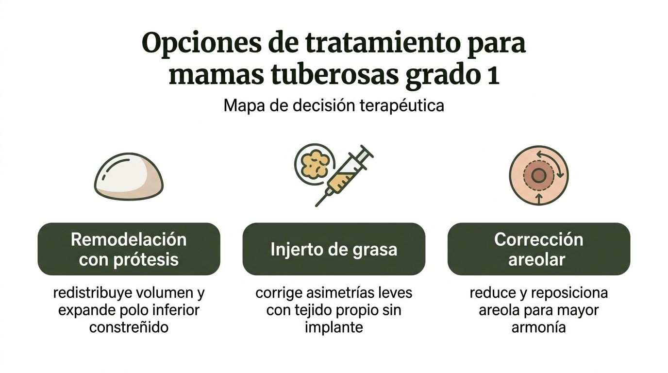 Mapa de decisión con opciones de tratamiento quirúrgico para corregir las mamas tuberosas de grado 1.
