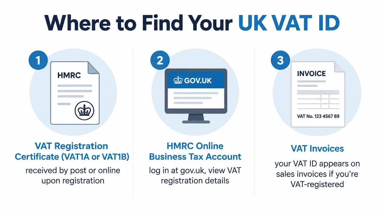 A visual guide showing three methods to locate a UK VAT ID for business registration purposes.