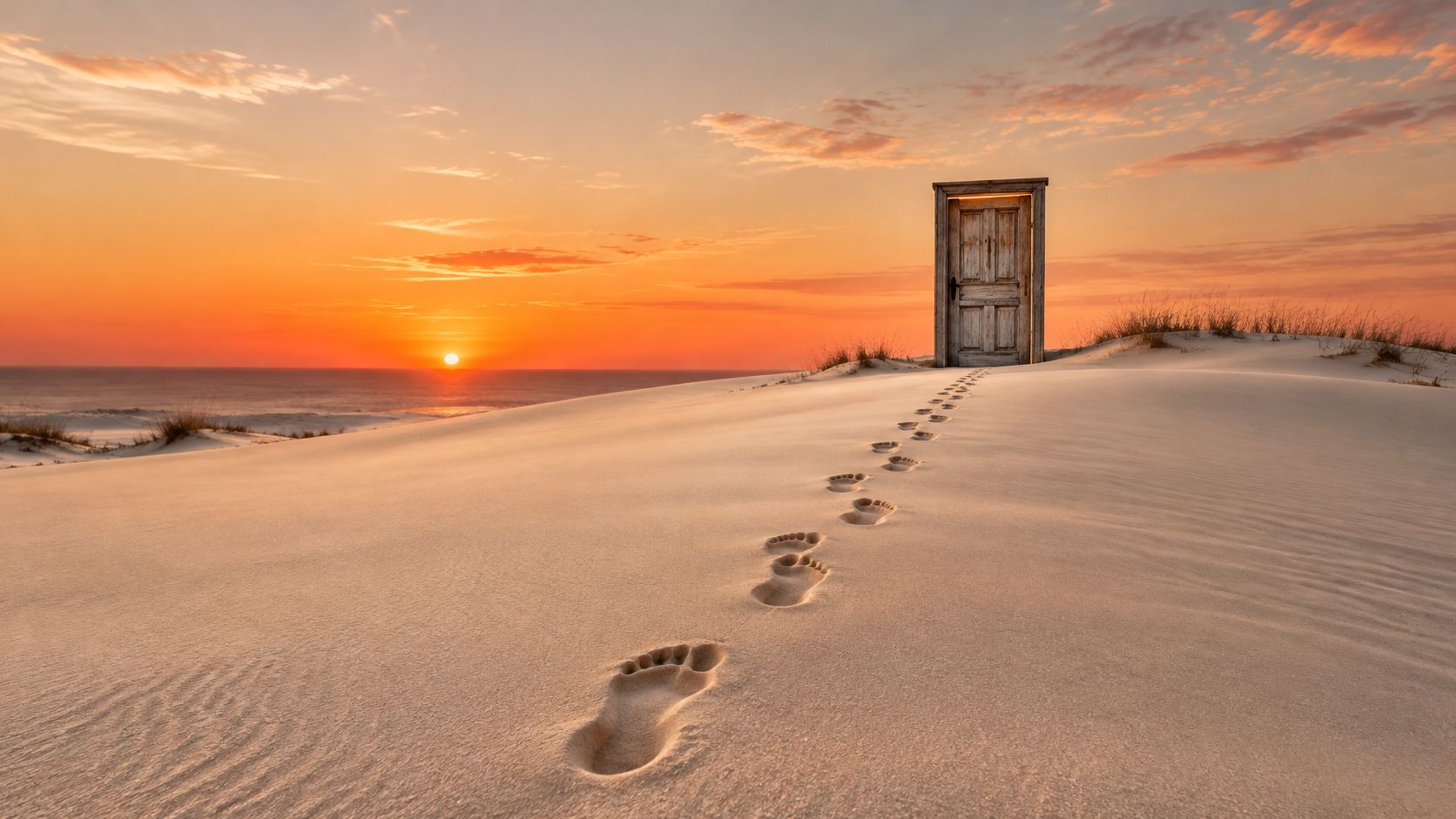 A lonely wooden door stands on a sand dune at sunset with footprints leading towards it.