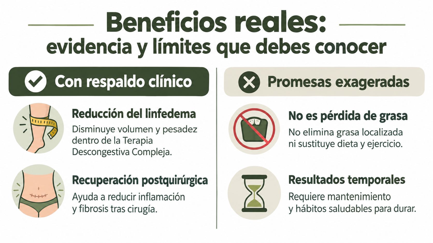 Infografía comparativa sobre los beneficios reales, evidencia científica y límites del drenaje linfático corporal.