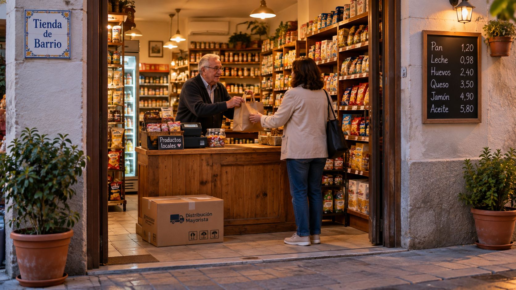 Un dependiente mayor entrega una bolsa de compra a una clienta en una tienda de barrio tradicional.