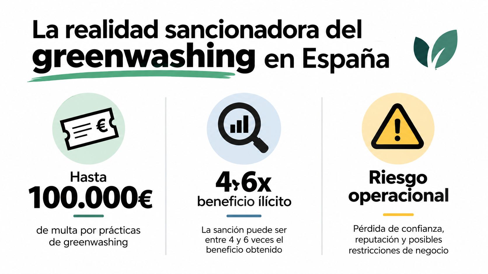 Infografía sobre sanciones por greenwashing en España, destacando multas económicas, beneficios ilícitos y riesgos para la reputación corporativa.