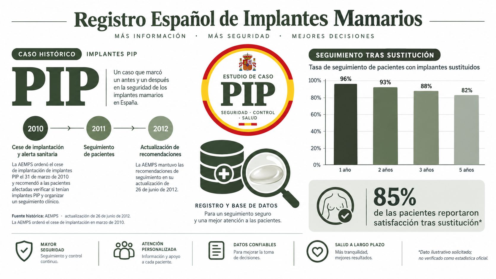 Infografía del Registro Español de Implantes Mamarios detallando el caso histórico PIP y el seguimiento tras sustitución.
