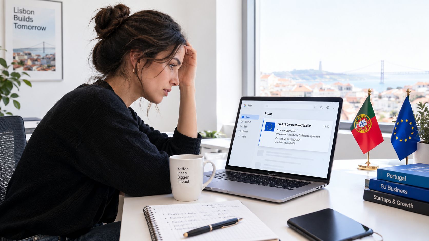 A focused professional sitting at a modern desk reviewing an EU business contract notification on her laptop.