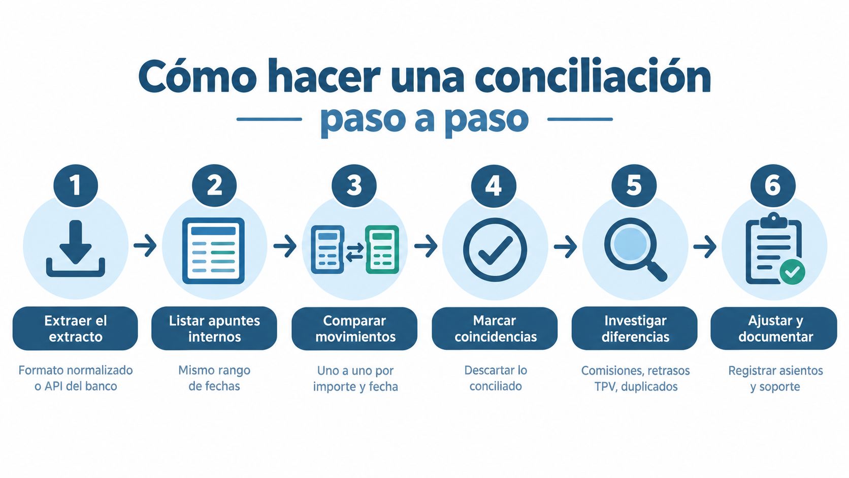 Infografía paso a paso que explica cómo realizar una conciliación bancaria eficiente de forma clara y sencilla.