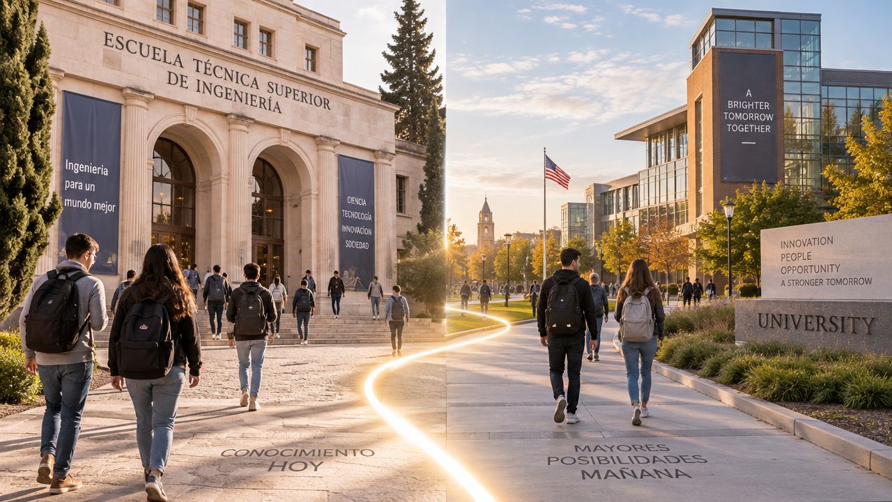 Estudiantes caminando por el campus universitario simbolizando la transición de programas académicos de recorrido sucesivo.