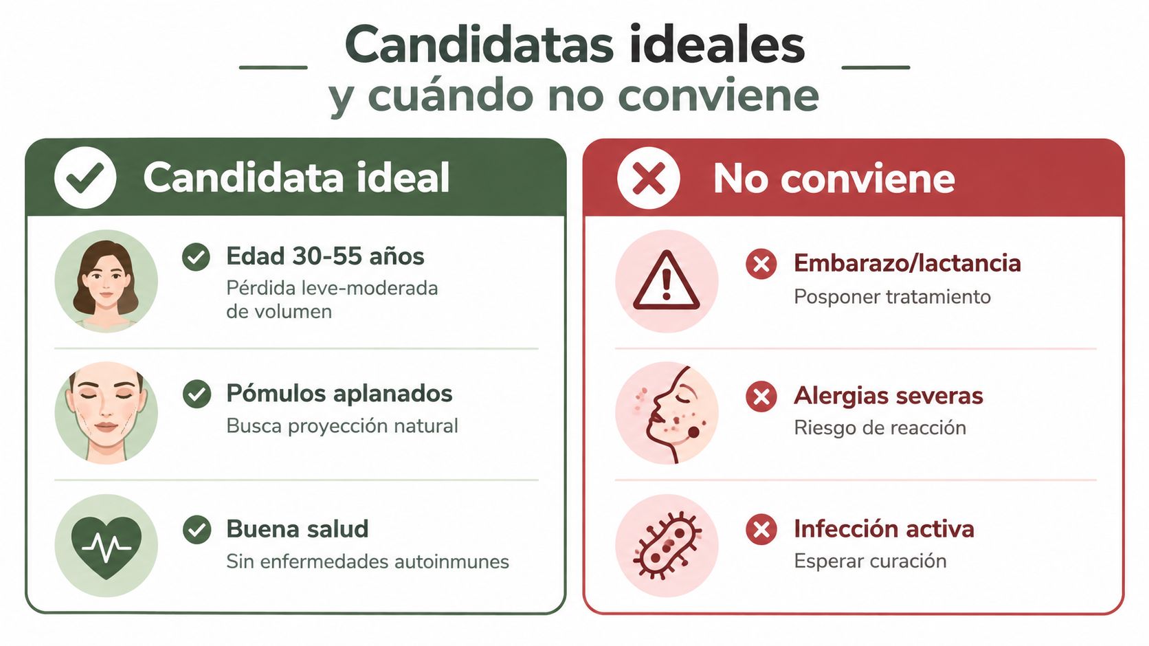 Infografía sobre candidatas ideales para tratamientos estéticos y situaciones donde el procedimiento no es recomendable.