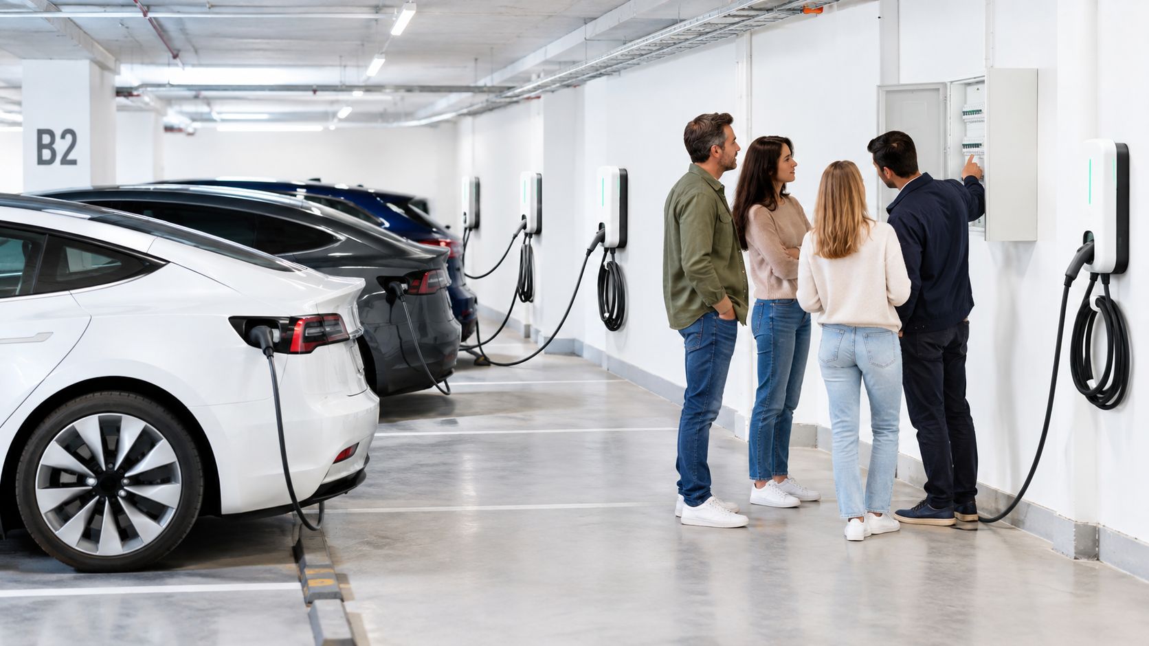 Técnico explica el funcionamiento de un cargador eléctrico de pared a una pareja en un garaje