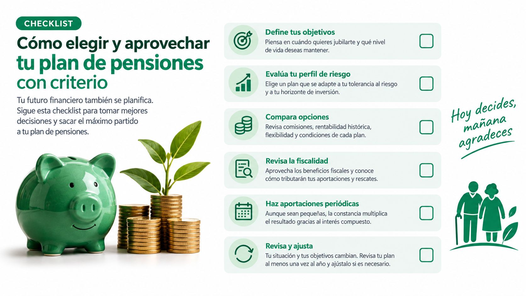 Lista de verificación para elegir y aprovechar un plan de pensiones con consejos de ahorro e inversión.