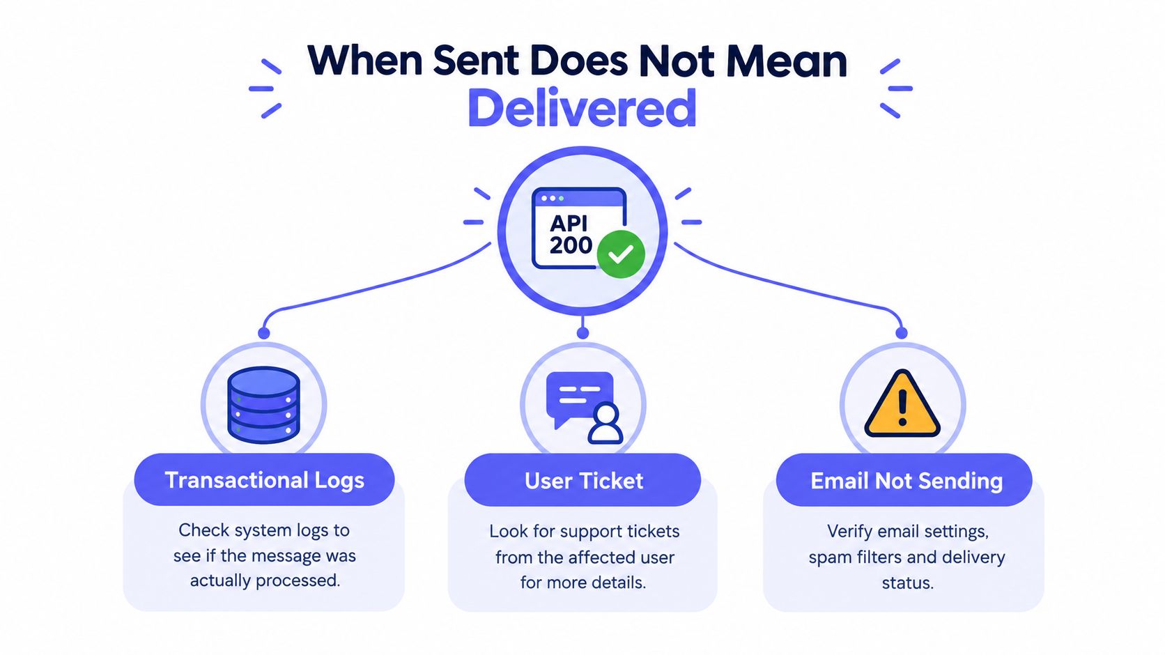 A flowchart explaining that receiving an API 200 response does not always mean an email was delivered.