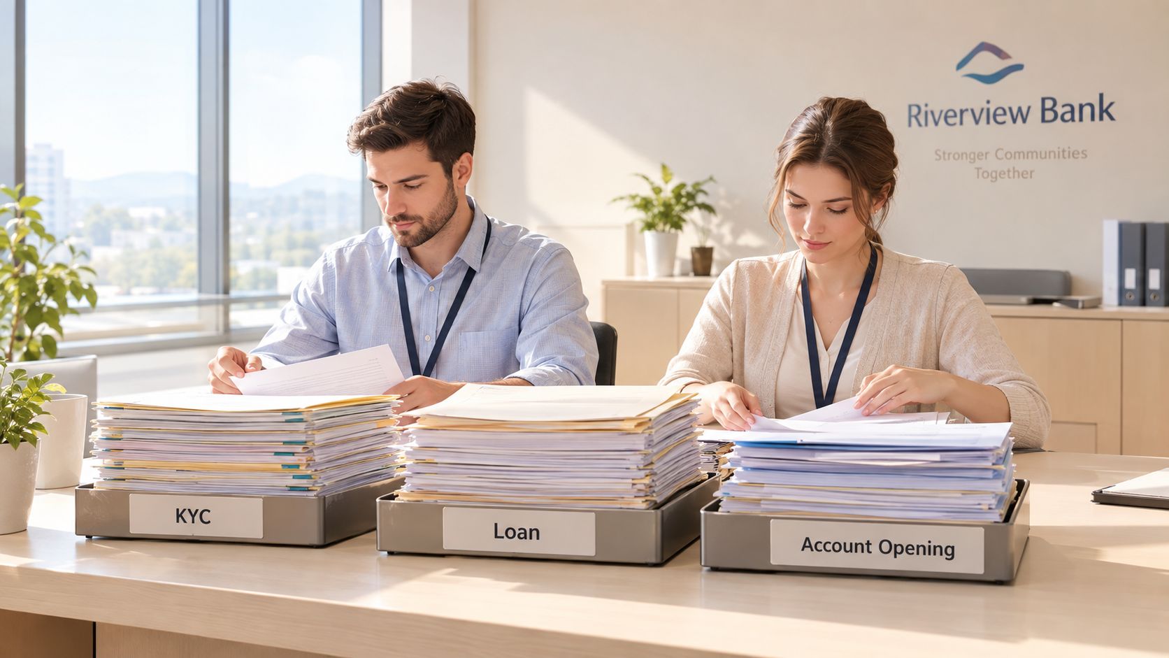 Two bank employees processing paperwork in labeled trays for KYC, Loan, and Account Opening tasks.