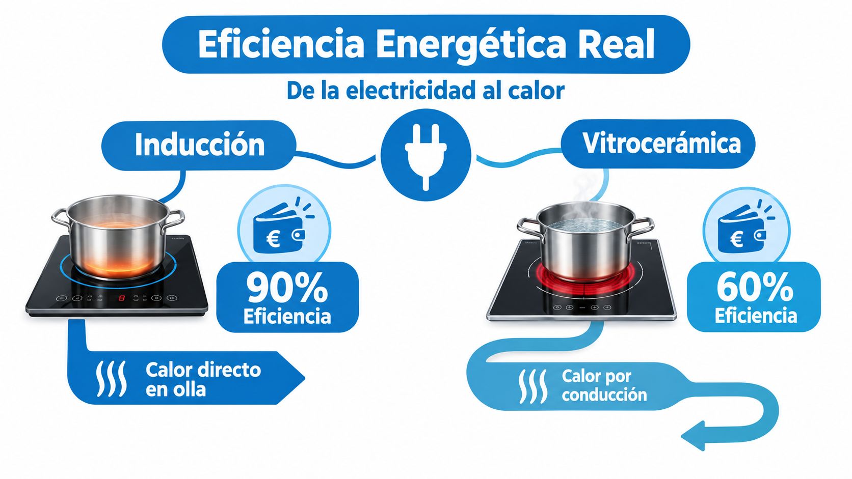Comparativa de eficiencia energética entre una placa de inducción y una placa vitrocerámica tradicional para cocinar.