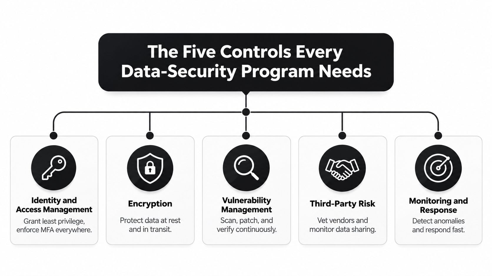A diagram outlining the five essential data security controls for a comprehensive information protection program.