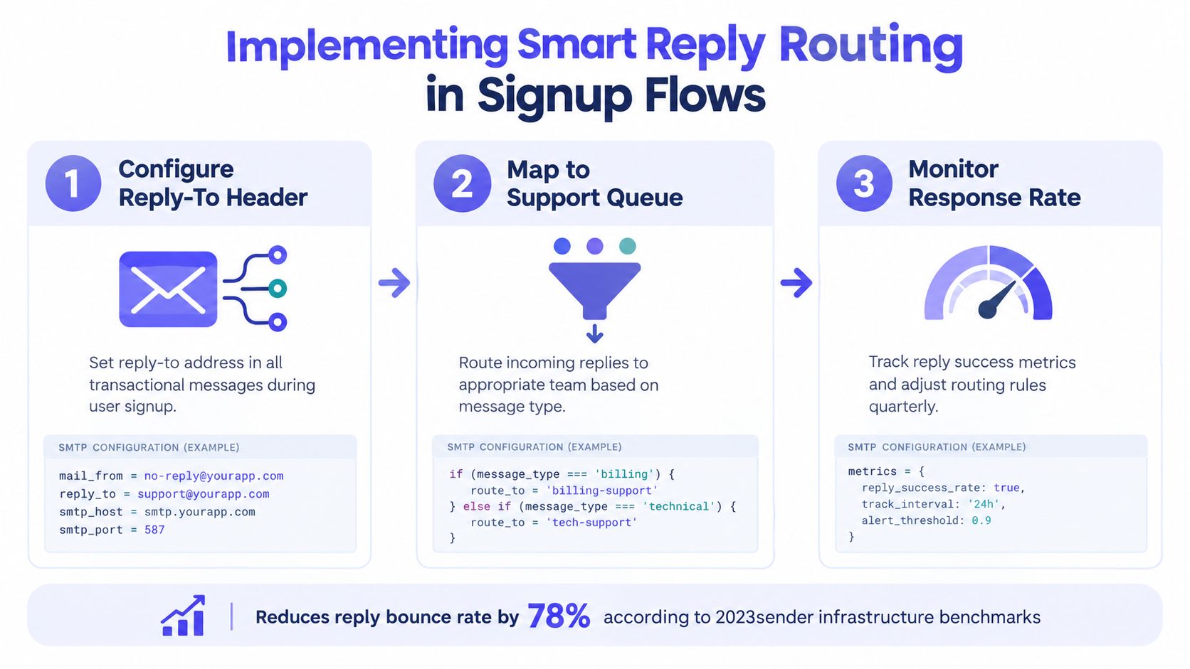 A three-step infographic showing how to implement smart reply routing for transactional signup emails to reduce bounce rates.