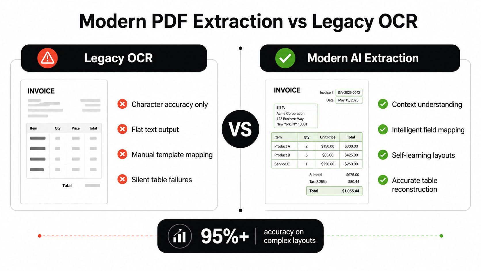 A comparison infographic between legacy OCR technology and modern AI extraction for processing business invoices.