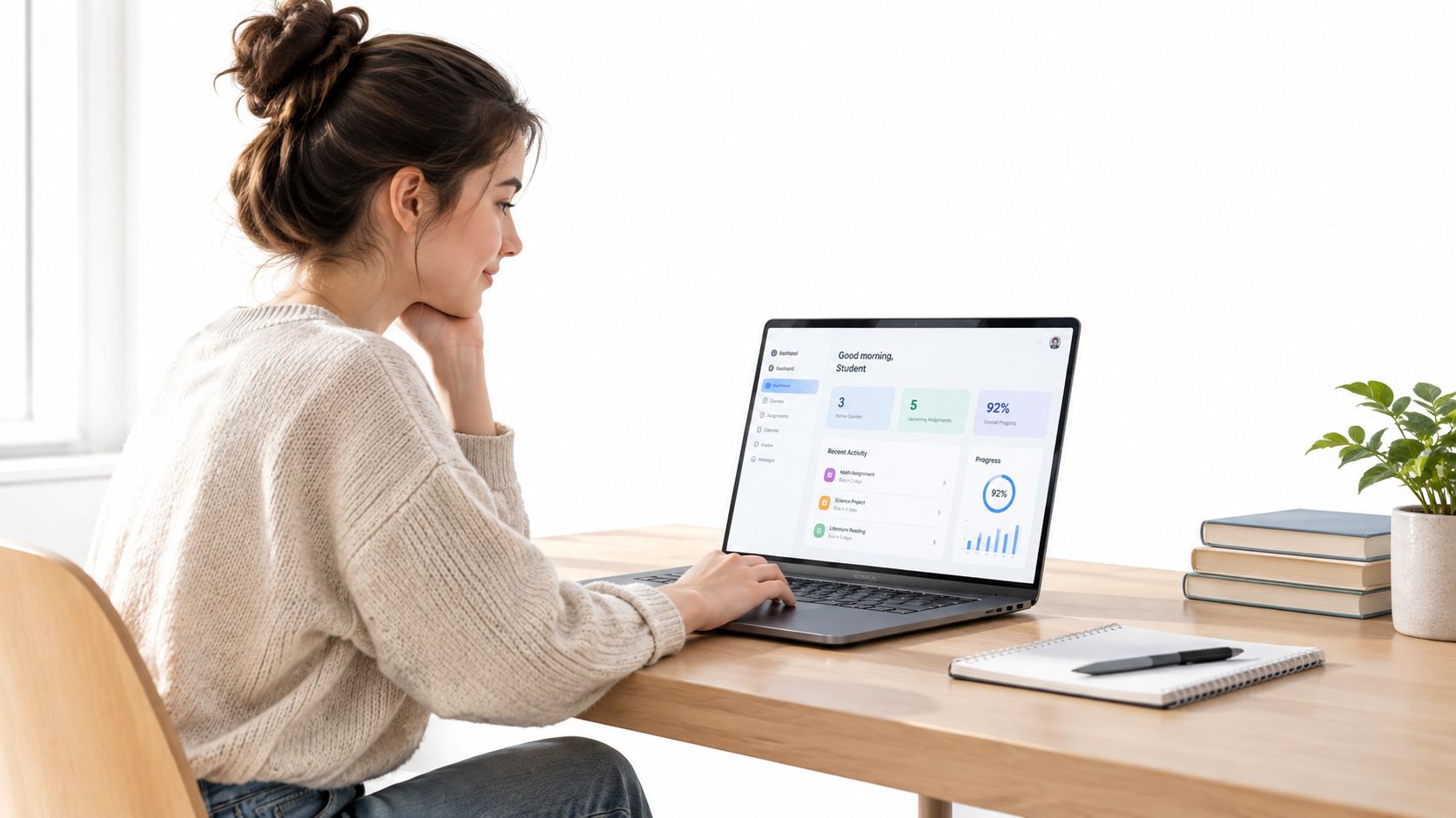 Una estudiante universitaria sentada en su escritorio trabajando en su computadora portátil con un tablero de control educativo.